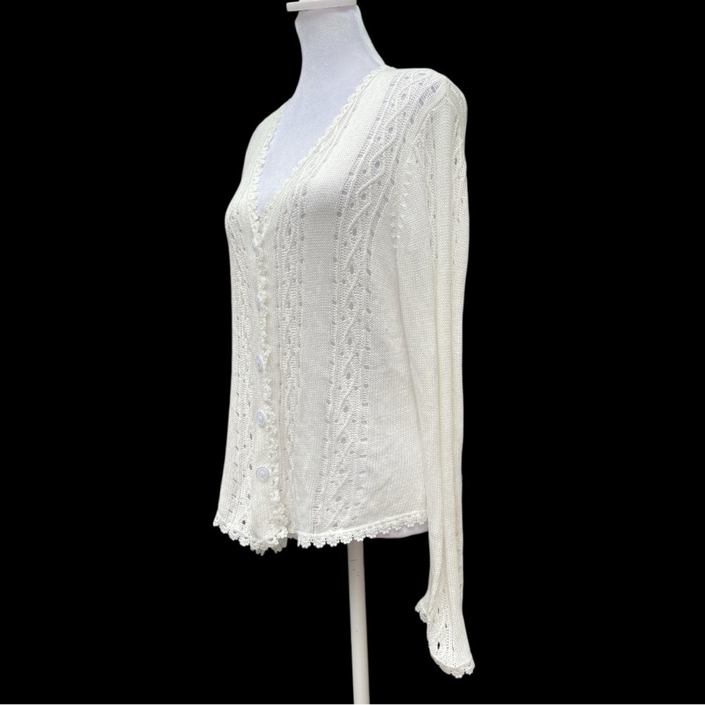 Romantic White Lace Knit Button Cardigan Cottagecore Feminine M - Picture 3 of 8